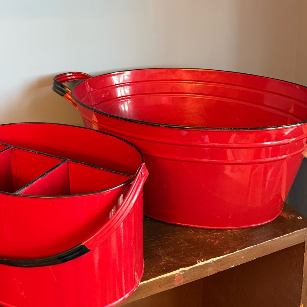 Vintage Red with Black Enamelware Utensil Holder & Large Ice Bucket July 4th